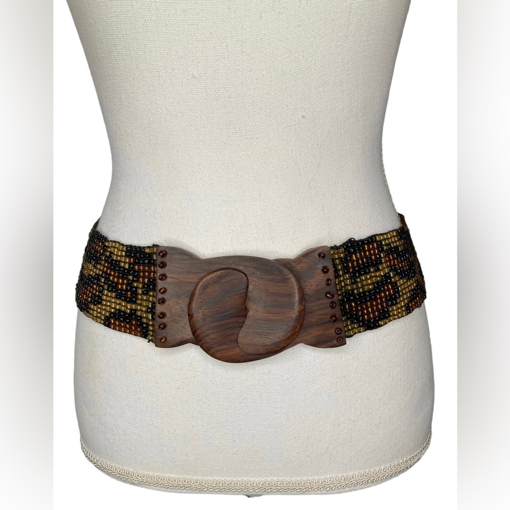 ABOUT COLOR Vintage Leopard Animal Print Wide Beaded Belt Wood Clasp Buckle, S/M